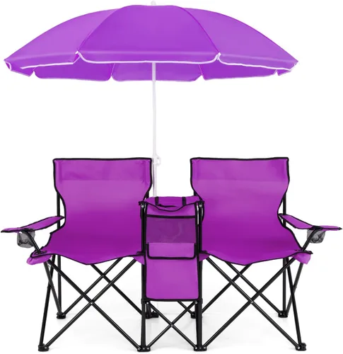 Vista 12 de Goplus Sillas de camping dobles con paraguas, enfriador para patio de playa Negro