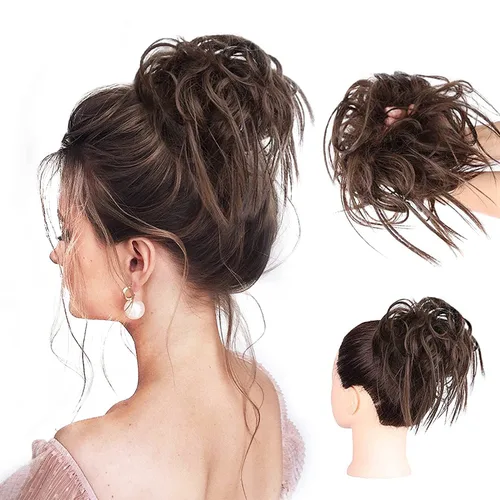 Vista 26 de HMD - Extensiones de cabello tipo chongo alborotado con rodelo despeinado, banda elástica de goma, extensiones de cabello sintético para mujer