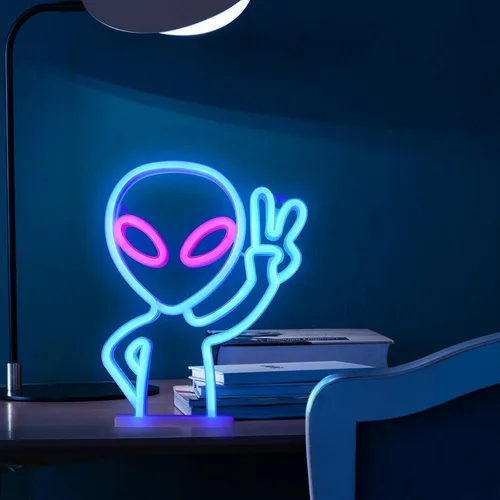 Vista 4 de ENUOLI Letrero de neón, diseño alienígena, plástico, 8.7 x 11.4 x 0.78 pulgadas, azul+rosa, letrero decorativo, alimentado por USB/batería, luz
