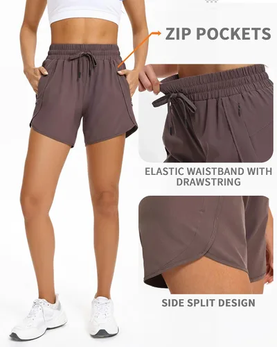 Vista 4 de Pantalones cortos deportivos para correr para mujer con entrepierna de 5 pulgadas con bolsillos con cremallera, de secado rápido, ligeros
