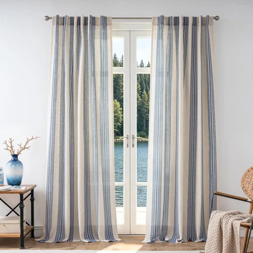 Vista 26 de DriftAway Cortinas de estilo granja con rayas verticales de lino mezclado texturizado con filtro de luz semitransparente para sala de estar