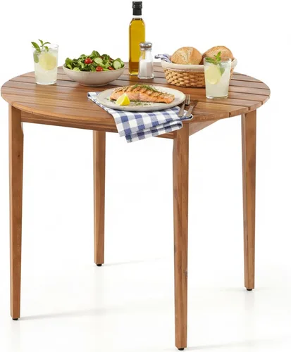Vista 11 de Tangkula Mesa de comedor redonda para exterior, Mesa de madera de acacia para 4 personas de gran tamaño, Mesa de patio estilo granja para bistró