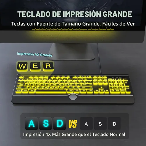Vista 4 de KOPJIPPOM Teclado USB con cable con teclas retroiluminadas de impresión grande, retroiluminación LED de 7 colores, reposamuñecas ergonómico, diseño