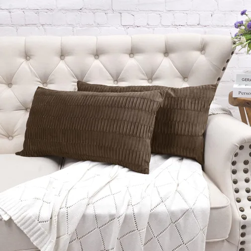 Vista 10 de Juego de 2 fundas de almohada decorativas de terciopelo a rayas plisadas de 14 x 26 pulgadas, funda de cojín rectangular suave y elegante para sofá