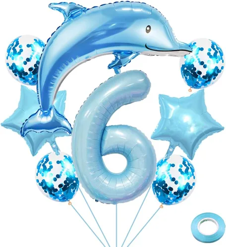 Vista 8 de Globos de cumpleaños de 5º delfín, globo gigante de papel de aluminio de delfín número 5, globos de Mylar de animales del océano para suministros