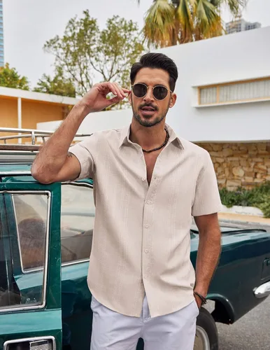 Vista 4 de COOFANDY Camisas casuales con botones para hombre, de manga corta, para verano, playa, texturizadas