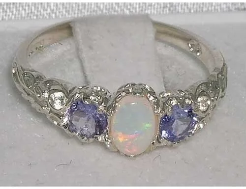 Vista 3 de Anillo de plata de ley 925 auténtica auténtica ópalo y tanzanita para mujer.