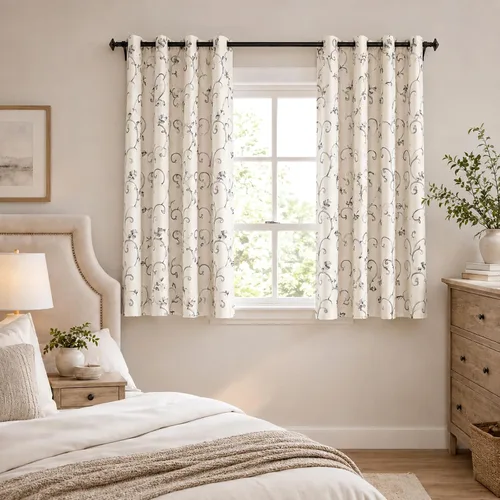 Vista 29 de Cortinas de 2 paneles con ramas bordadas de lino sintético con ojales, cortinas para dormitorio/sala de estar, paneles de tratamiento de ventanas