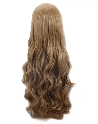 Vista 2 de Pelucas de cosplay de anime para mujer, con flequillo, largo, ondulado, marrón claro, resistente al calor, pelo de fibra para Halloween, cómic