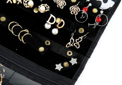 Vista 5 de Angelina's Palace Tenby Jewelry - Organizador de doble cara para colgar en el armario, rollo de almacenamiento de joyas, 24 barras de anillos