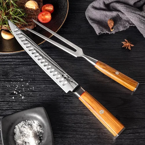 Vista 4 de Juego de cuchillos y tenedores para carne de pavo – Juego de 2 con cuchillo de corte de Damasco de 9 pulgadas y tenedor de 6 pulgadas – Acero Juego