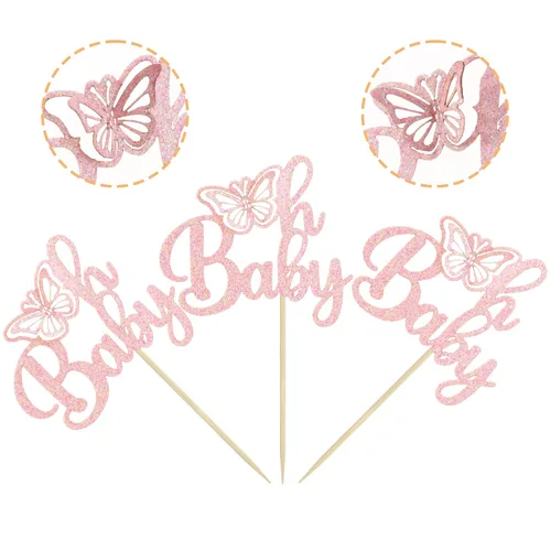 Vista 3 de Gyufise 24 piezas de decoración de mariposa rosa claro con purpurina Oh Baby Butterfly - Decoración de mariposa para baby shower Girl - Suministros