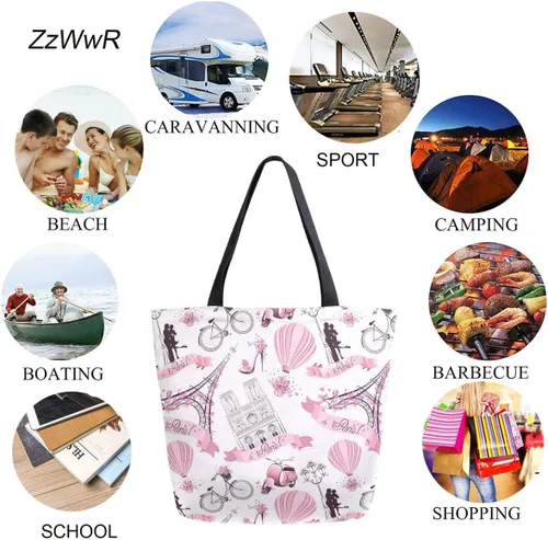 Vista 4 de ZzWwR Elegante bolsa de hombro extragrande con estampado para viajes a la playa, fin de semana, gimnasio, compras de comestibles.., Paris Eiffel