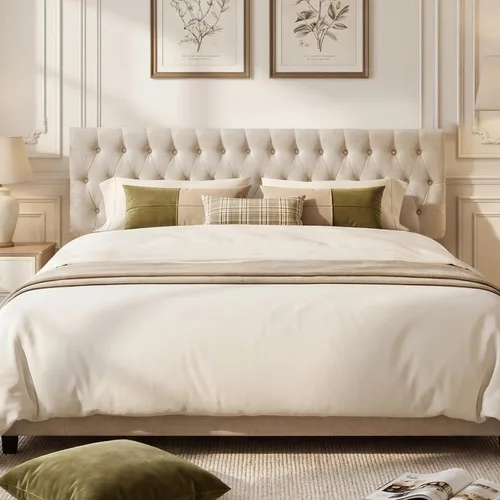 Vista 4 de Kingfun Cabecera capitonada tapizada para cama de tamaño completo con diseño moderno de botones, cabecera ajustable de madera maciza, cabeceros Rosa