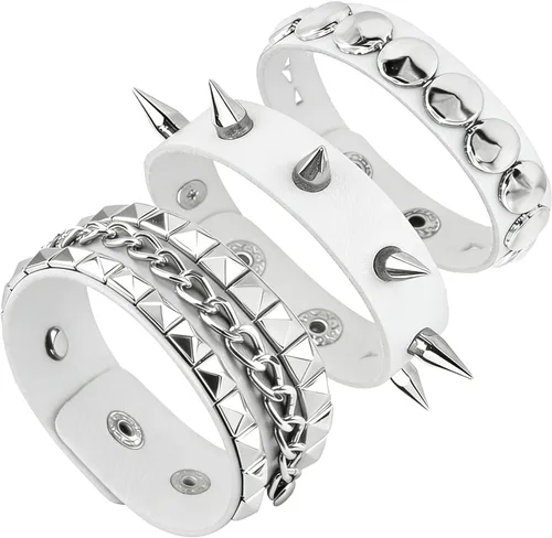 Vista 10 de 3PCS Leather Bracelets Set Studded Wrap Wrist Cuffs Punk Rock Y2K Emo Wide Wristband Accessories for Teens Women Men