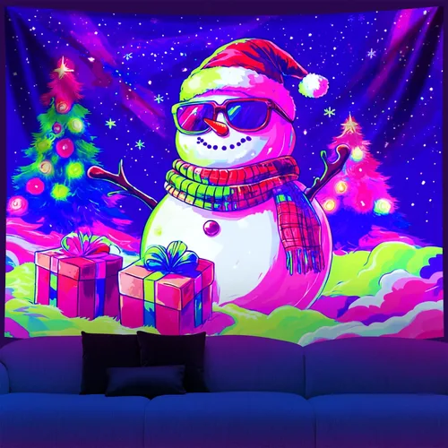 Vista 12 de NYZE - Tapiz de Navidad con Papá Noel, tapiz de luz negra que brilla en la oscuridad, colgante de pared, banner festivo, decoración para fiesta