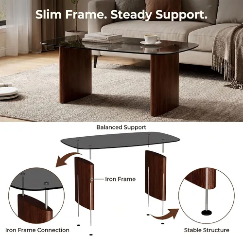 Vista 6 de Mesa de centro moderna de cristal, mesa de centro para sala de estar, tapa de vidrio templado con base de madera resistente, mesas de centro