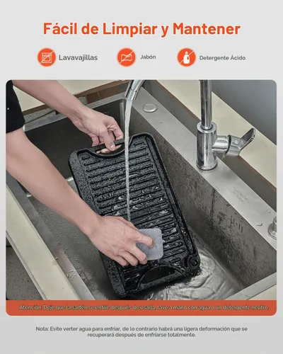 Vista 6 de VEVOR Parrilla/plancha reversible, plancha de hierro fundido pre-sazonada de 14 x 8.5 pulgadas, sartén rectangular portátil con asa, utensilios
