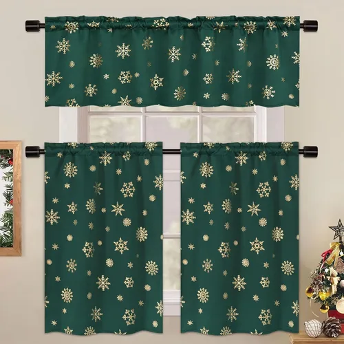 Vista 4 de Cortinas de Navidad de Nivel con Estampado de Copos de Nieve Dorados en Papel Aluminio - 36 Pulgadas de Largo, Cortinas Verdes con Bolsillo
