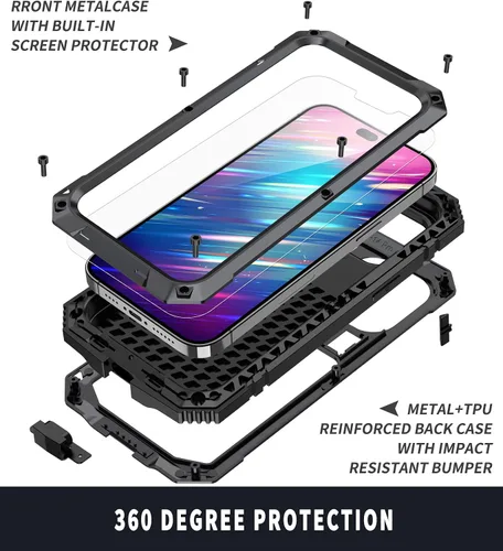 Vista 4 de Funda de metal para iPhone 14 Plus 5G con protector de pantalla y función atril, funda para cámara, resistente armadura militar duradera, cuerpo