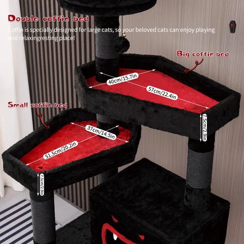 Vista 4 de YARUOMY Árbol gótico para gatos con cama de ataúd, torre negra de 62.5 pulgadas con espacioso condominio para gatos estilo demonio, percha de felpa
