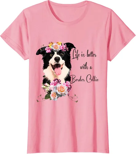 Vista 14 de Life is Better With a Border Collie - Camiseta de perro lindo con flores, gris, S Gris Oscuro