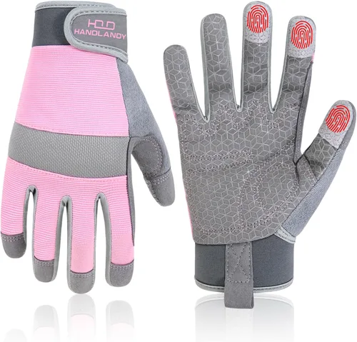 Vista 9 de HANDLANDY Guantes de trabajo para mujer, guantes de jardinería de cuero transpirable para mantenimiento de patio, protección de manos con pantalla