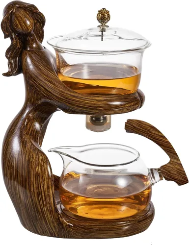 Vista 13 de Zurucily Juego de tetera de cristal Kungfu con infusor Juego de té semiautomático (naranja pájaro)