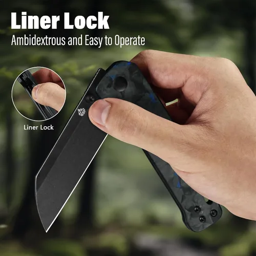 Vista 4 de QSP Penguin V2 - Cuchillo de bolsillo plegable, hoja D2 de 3.06" de lavado de piedra negra, mango G10 con superposición CF triturada azul, bloqueo