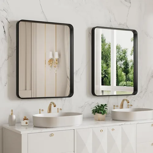 Vista 4 de LOAAO 20x16 Pulgadas Espejo de Baño con Marco de Metal Negro para Pared, Espejo de Tocador de Baño de Estilo Granja, Espejo Grande Rectangular