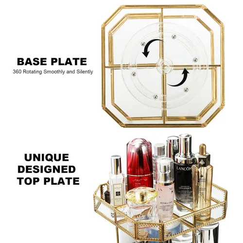 Vista 4 de ZOOFOX Organizador de maquillaje de vidrio giratorio de 360 grados, soporte grande de almacenamiento de cosméticos con ribete dorado para tocador