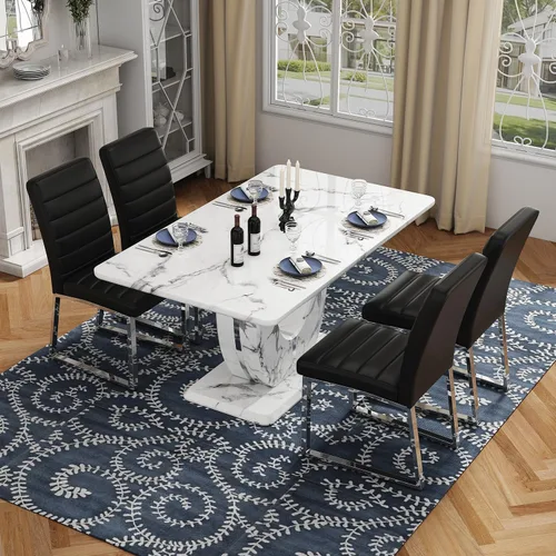 Vista 20 de Moderno juego de mesa de comedor de mármol sintético para 4, mesa de cocina rectangular blanca de 63 pulgadas con elegante base de pedestal