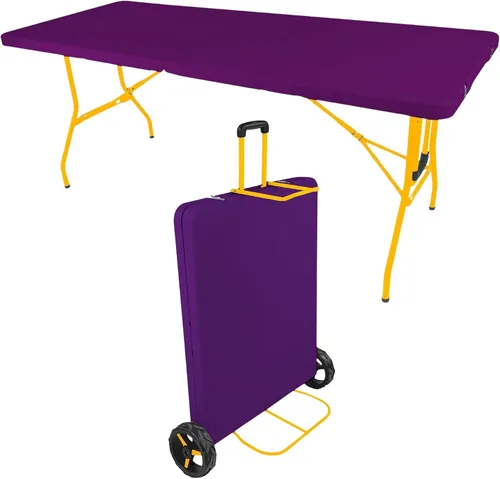Vista 2 de Mesa y sillas plegables creativas para exteriores, 6 pies, ruedas integradas, plástico duradero portátil (morado y amarillo)