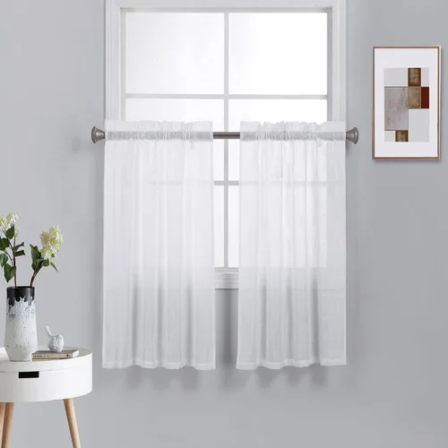 Vista 11 de Diamond Home Linens 2 paneles cortos con bolsillo para barra, filtrado de luz, de lino, texturizado, para ventanas pequeñas, 27 pulgadas de ancho x