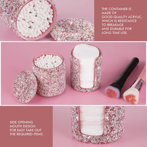 Vista 5 de KEYPOWER Almohadilla de bolas de algodón con diamantes de imitación, soporte dispensador de almohadillas de maquillaje, tarro acrílico con tapa