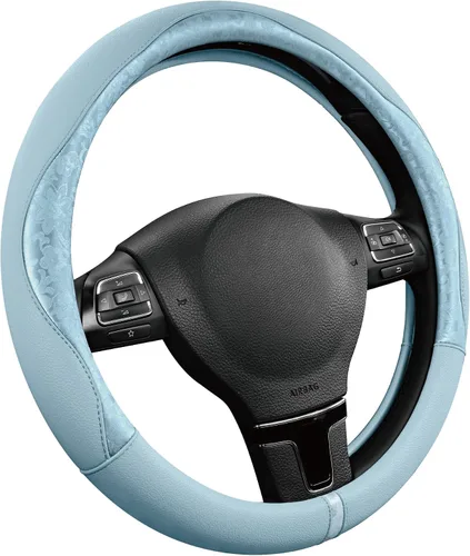 Vista 10 de PIC AUTO Funda para volante, diseño de retazos de cuero negro estampado y azul, ajuste universal de 14.5 a 15.5 pulgadas, antideslizante, sin olor