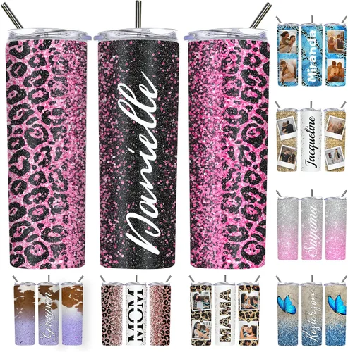 Vista 33 de Vaso delgado personalizado con purpurina con tapas y popotes, nombres, vasos de acero inoxidable personalizados con imagen para mujeres, hombres