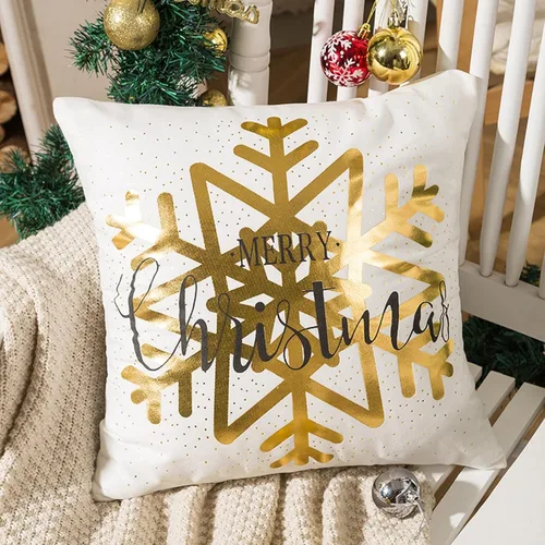 Vista 4 de Juego de 4 fundas de almohada de Navidad de 18 x 18 pulgadas, fundas de almohada doradas con estampado de copos de nieve a rayas, fundas de cojín