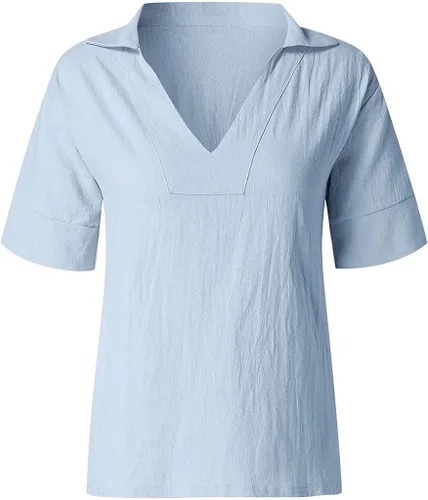 Vista 3 de Blusas de manga de codo con cuello en V y cuello en V para mujer, color liso, camisetas sueltas casuales de algodón y lino