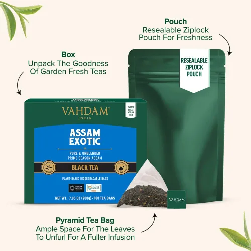 Vista 4 de VAHDAM - Bolsas de té negro Assam (100 unidades) con alto contenido de cafeína, sin gluten, bolsas de té de hojas sueltas enteras Fuertes