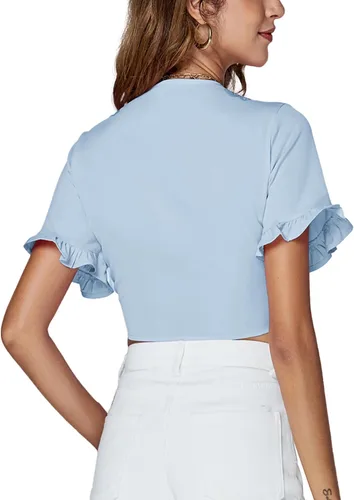 Vista 2 de LYANER Blusa corta de manga corta con cuello en V profundo para mujer, nudo frontal y volantes