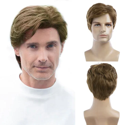 Vista 7 de Pelucas cortas para hombres, peluca sintética marrón, resistente al calor, natural, para Halloween, peluca de cosplay