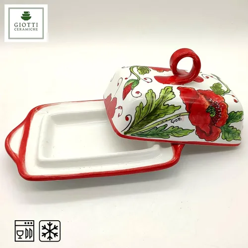 Vista 4 de Mantequillera de cerámica italiana con tapa Diseño de amapolas rojas - Mantequilla pintada a mano de 8 x 5 pies - Hecho en Italia Toscana - Soporte