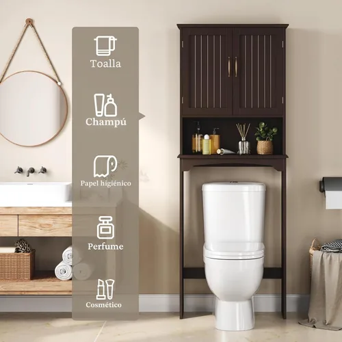 Vista 6 de Yaheetech Almacenamiento sobre el inodoro con 2 puertas y estante ajustable, estante de inodoro independiente de madera que ahorra espacio, gabinete