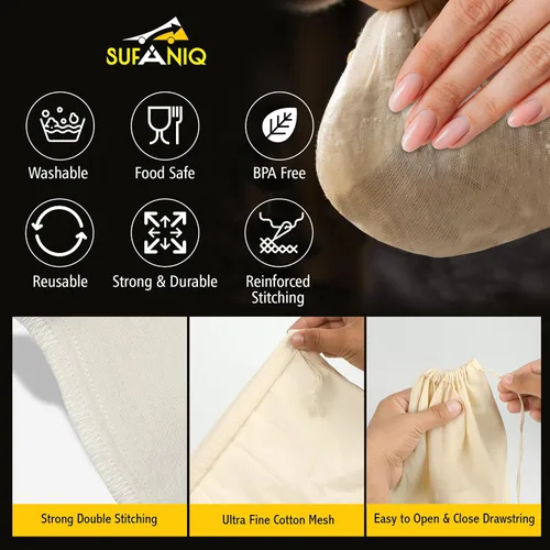 Vista 3 de SUFANIQ - Bolsa de leche de nueces, 2 bolsas (12 x 12 pulgadas), bolsa de tela de queso 100% algodón sin blanquear para colar, bolsa de leche