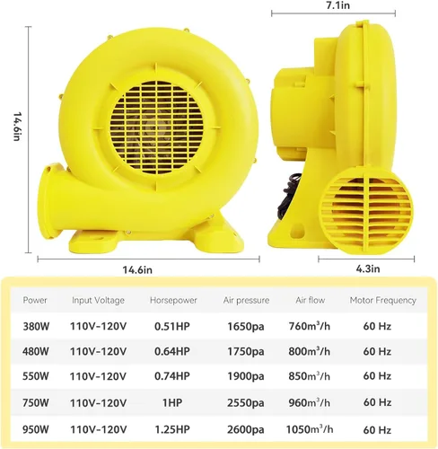 Vista 2 de Soplador de Casa de Rebote, Soplador Inflable Potente de 380W 0.51HP Bomba de Aire Portátil para Inflables al Aire Libre, Casa de Burbujas