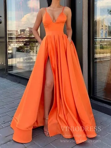 Vista 3 de Fanciest Vestidos de noche de satén con tirantes delgados para mujer, con abertura alta, con bolsillos, vestido formal largo