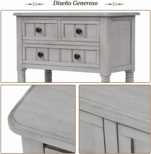 Vista 6 de Aparador de mesa de sofá de consola estrecha con 3 cajones de almacenamiento y estante inferior para sala de estar, entrada/pasillo Gris desteñido