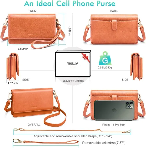 Vista 5 de nuoku Bolso bandolera pequeño para mujer, con ranuras para tarjetas RFID, 2 correas (máximo 6.5 pulgadas)