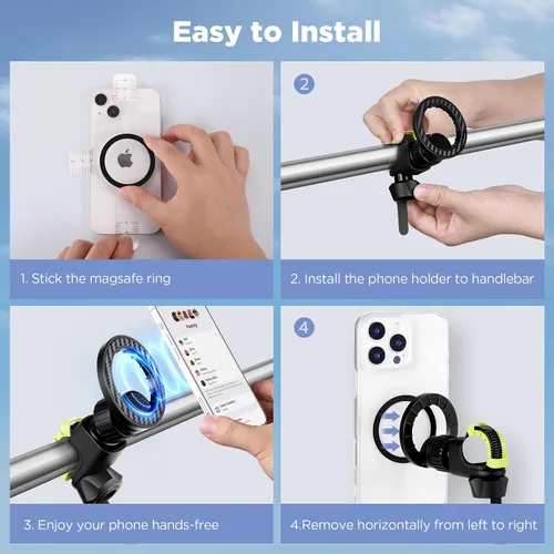 Vista 4 de OUTXE Soporte magnético de teléfono para cochecito, soporte de teléfono ajustable con Magsafe para carrito de compras, manillar de bicicleta